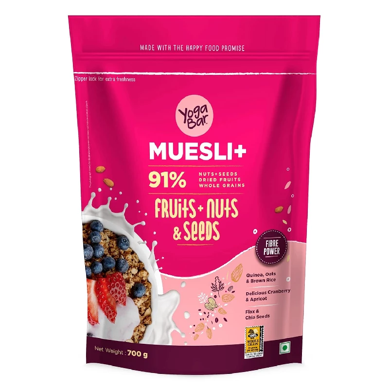 Yogabar Wholegrain Breakfast Muesli Fruits, Nuts + Seeds with Flax and Chia Seeds, 700 g-1.webp